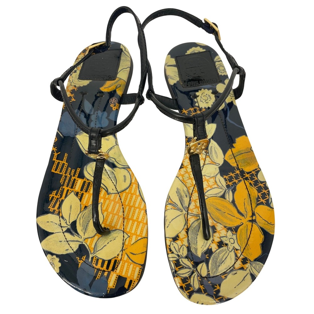 Tory Burch Emmy Floral Patent Leather Thong Sandals Navy Yellow Gold Logo 7.5M